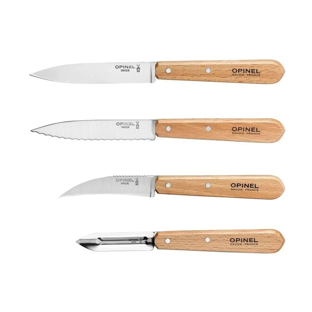 cuchillos-acero-esenciales-pelapapa-opinel-mango-madera-opa1300b809-01 Juego 3 cuchillos pequeños de cocina y pelapapa Les Essentiels - Imagen 1